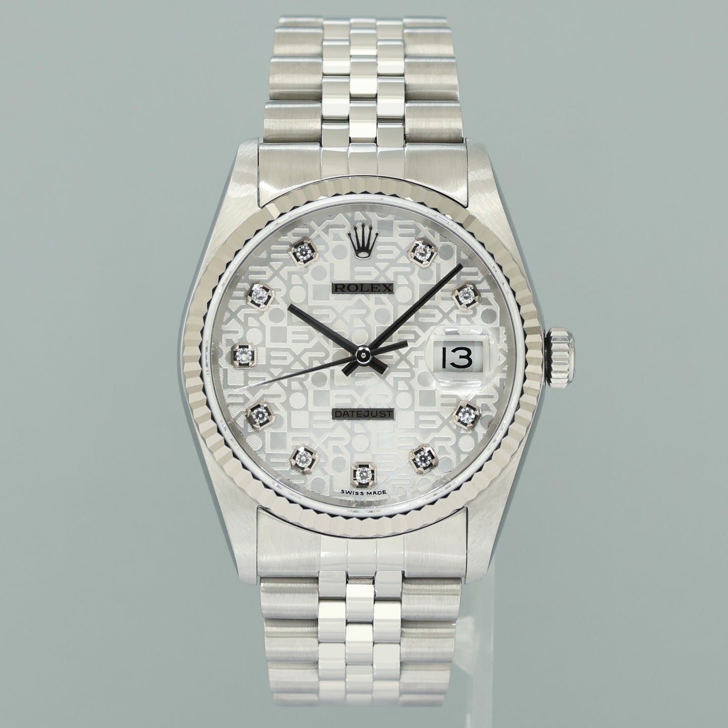 2003 MINT Rolex DateJust 16234 Silver Diamond Anniversary Jubilee Gold Fluted Watch
