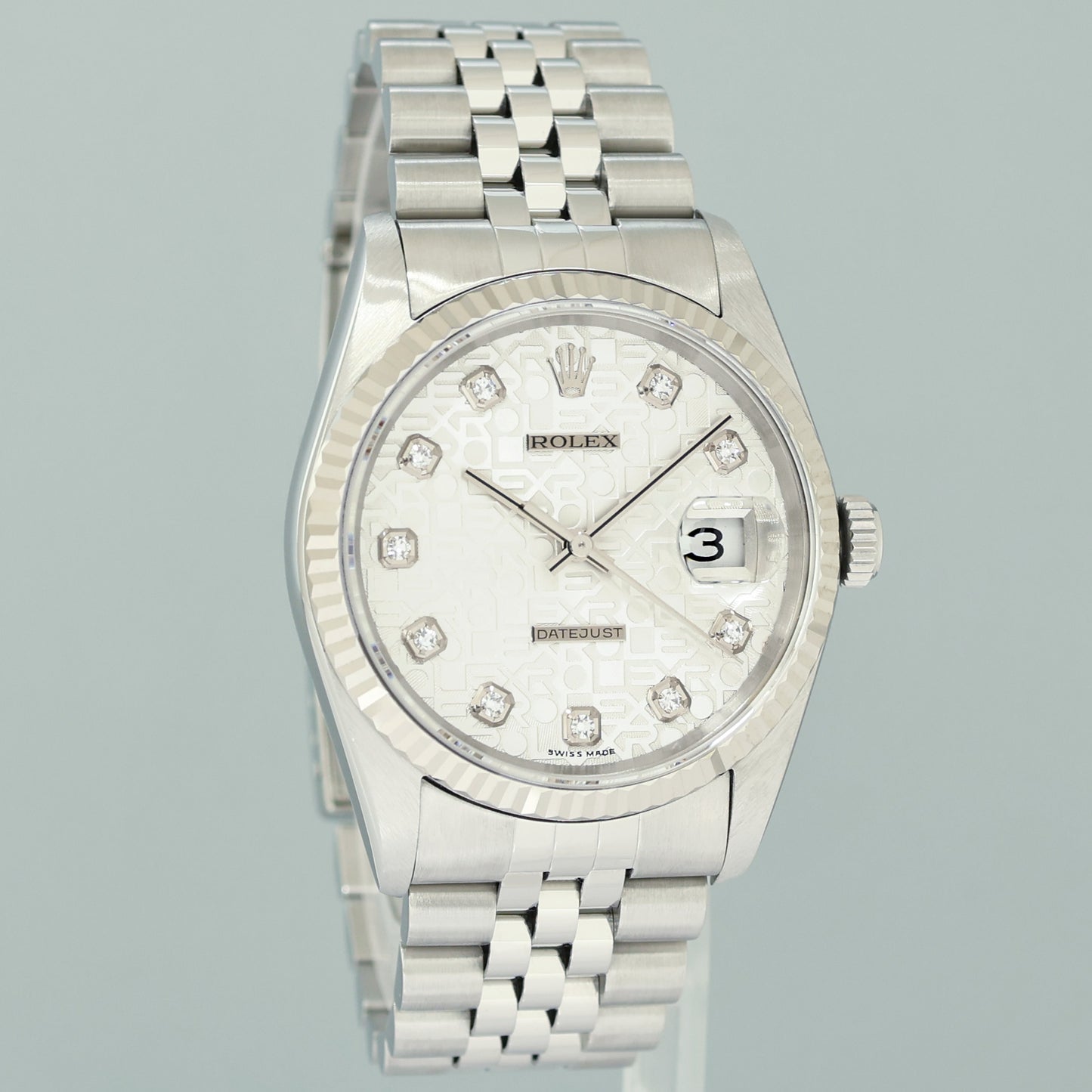 2003 MINT Rolex DateJust 16234 Silver Diamond Anniversary Jubilee Gold Fluted Watch