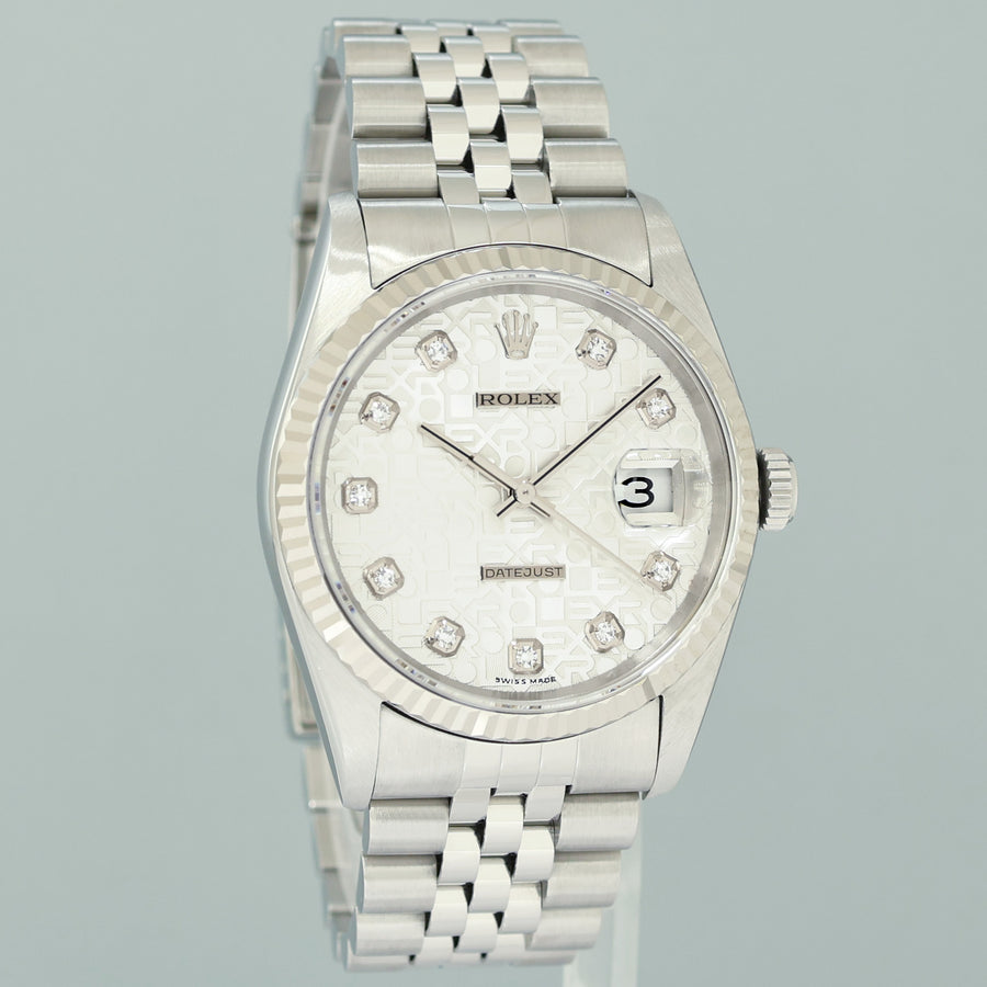 2003 MINT Rolex DateJust 16234 Silver Diamond Anniversary Jubilee Gold Fluted Watch