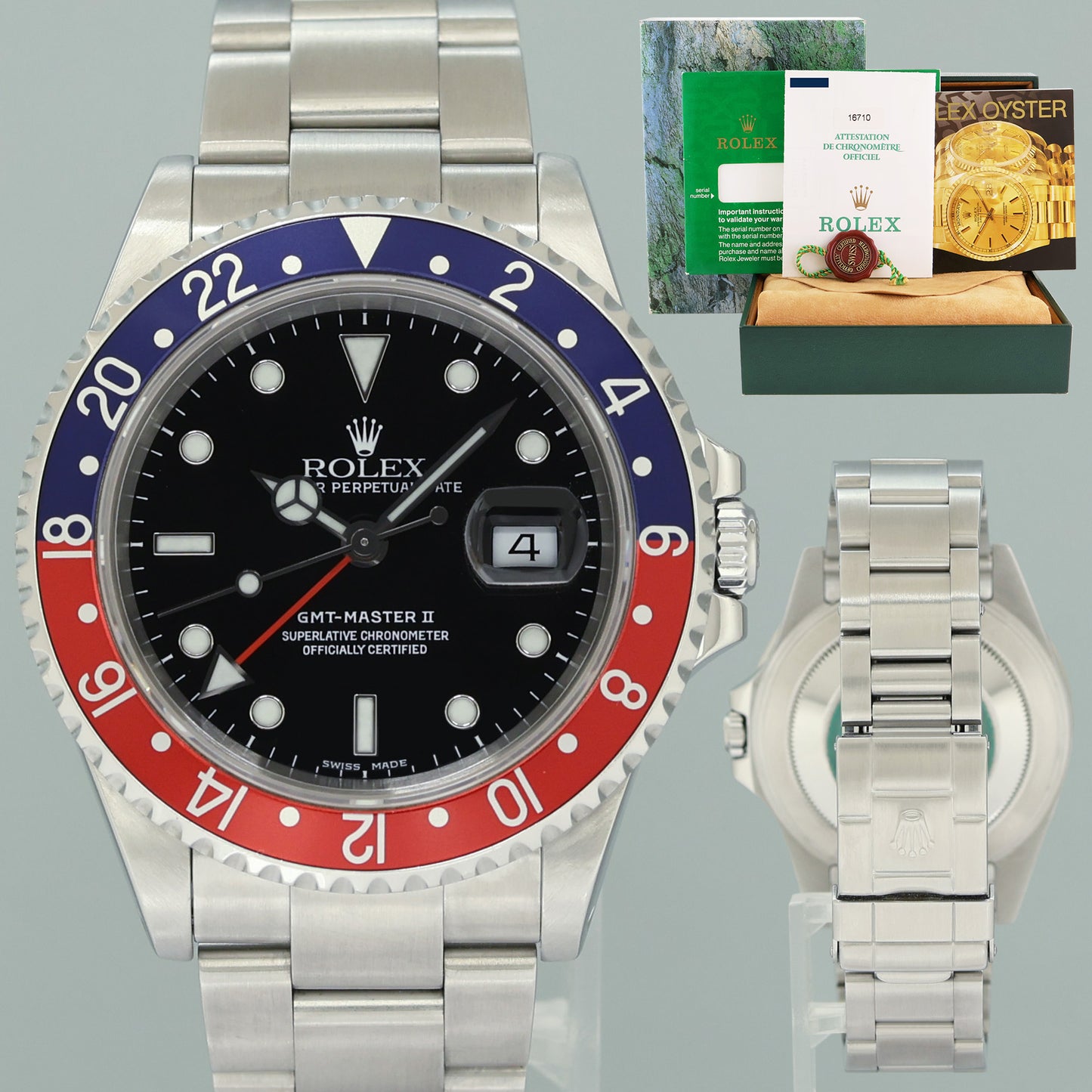 2000 MINT PAPERS Rolex GMT-Master II Pepsi Blue Red Steel 16710BLRO 40mm Watch