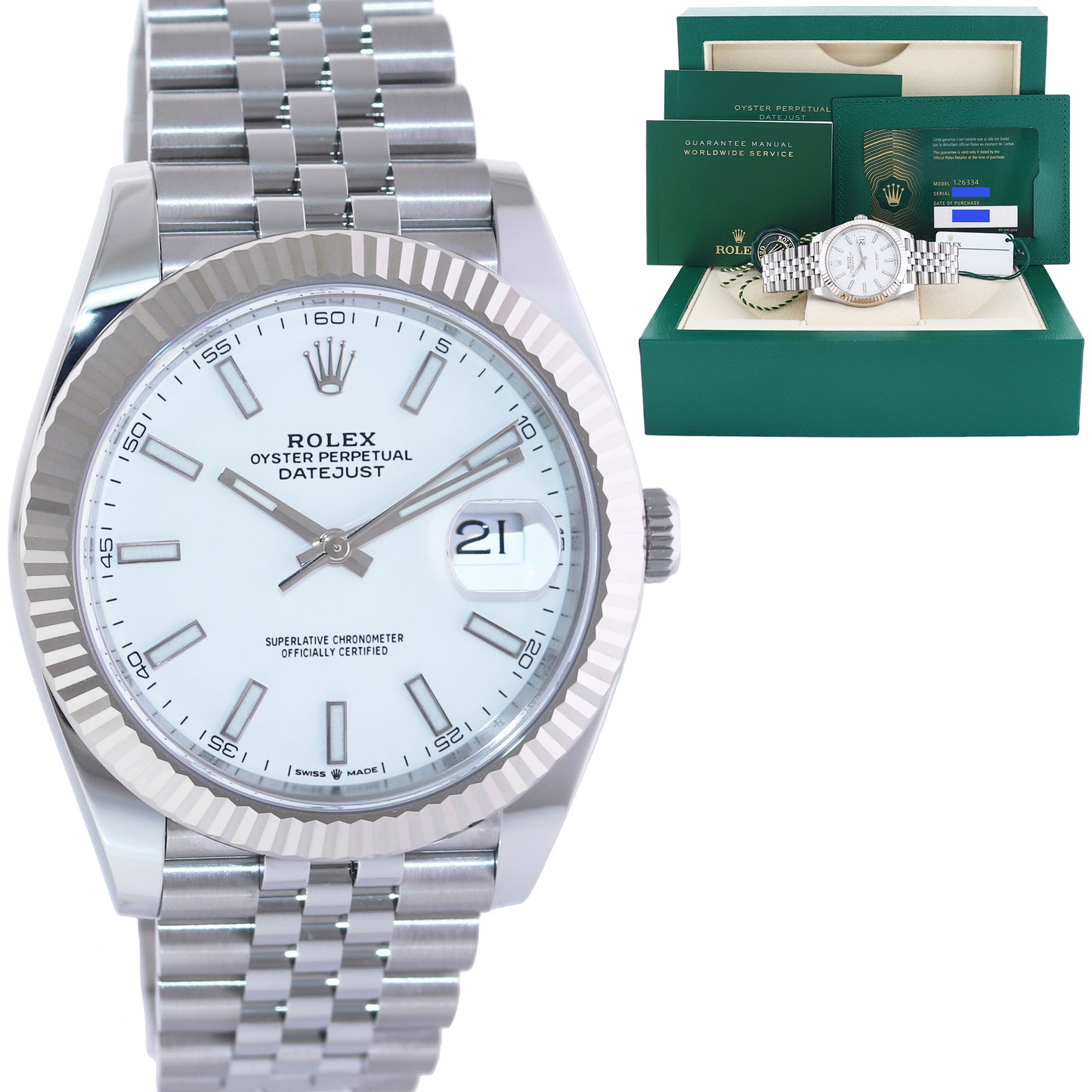 2023 NEW PAPERS Rolex DateJust 41 White 126334 Steel White Gold Jubilee Watch Box