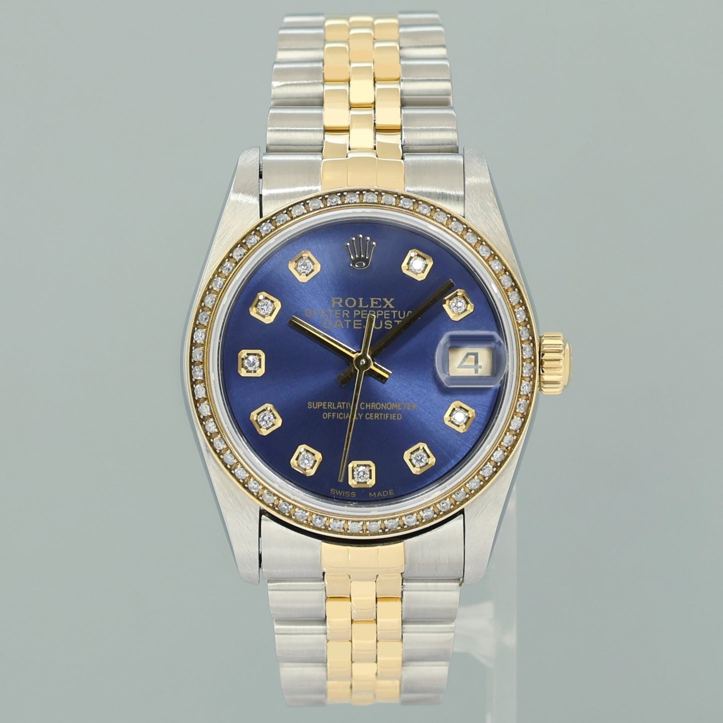 MINT Ladies Rolex 68273 Two Tone Yellow Gold Fluted 31mm Blue Diamond Bezel Watch