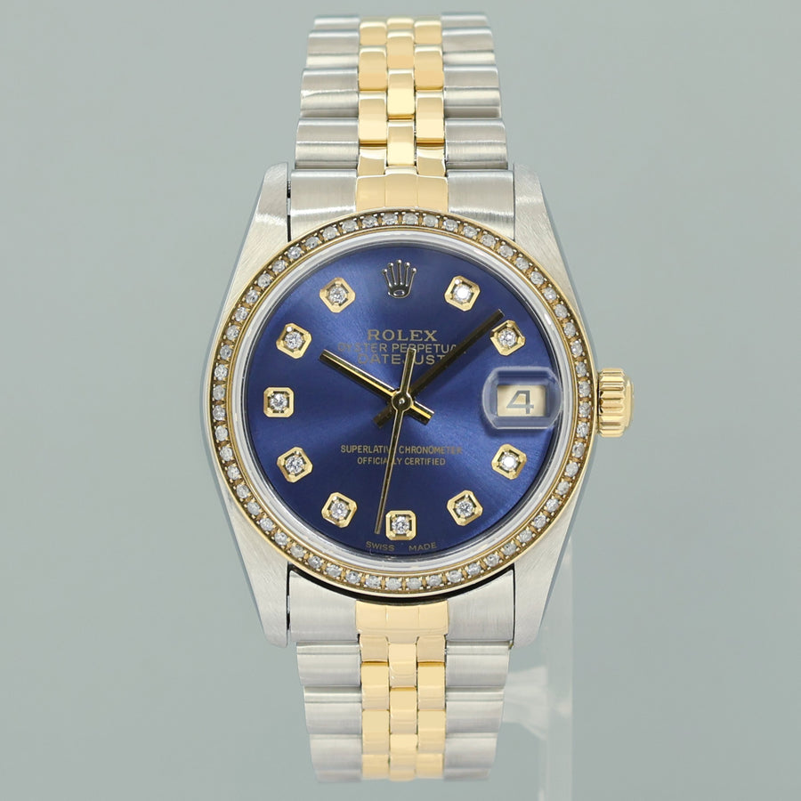 MINT Ladies Rolex 68273 Two Tone Yellow Gold Fluted 31mm Blue Diamond Bezel Watch