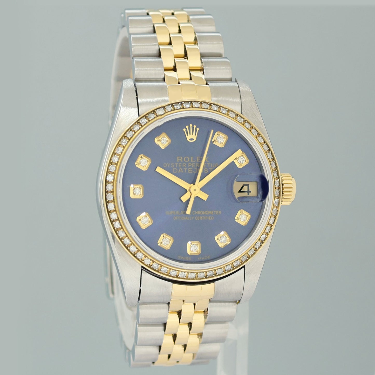 MINT Ladies Rolex 68273 Two Tone Yellow Gold Fluted 31mm Blue Diamond Bezel Watch
