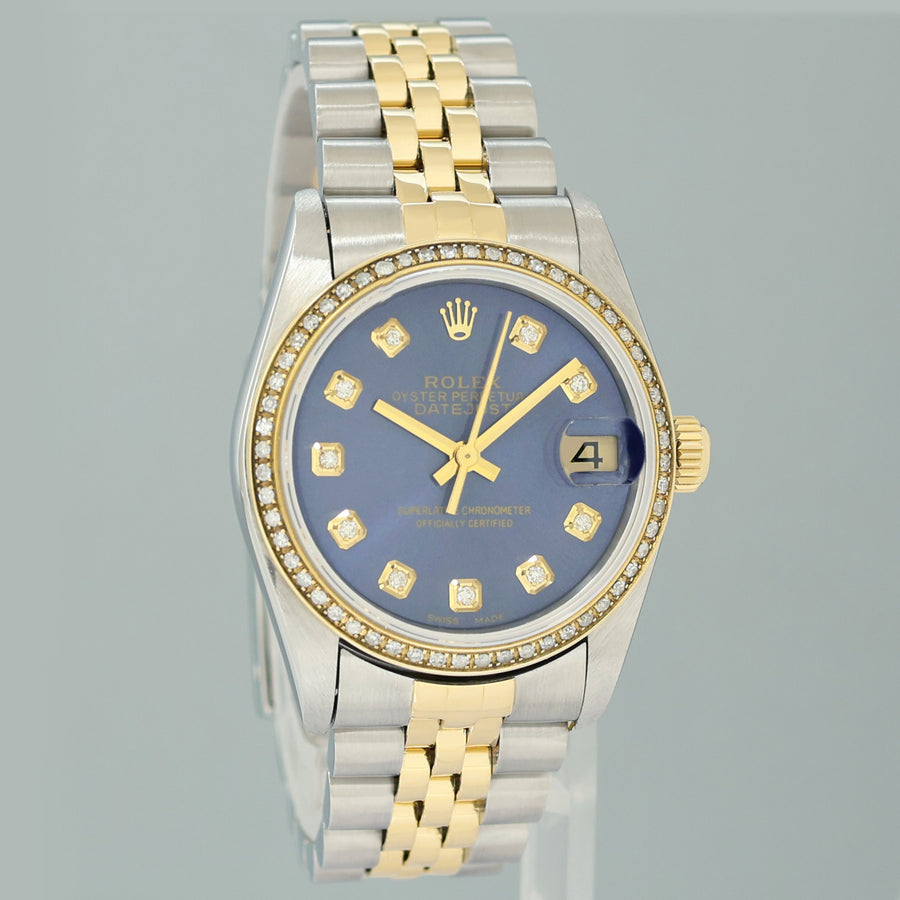 MINT Ladies Rolex 68273 Two Tone Yellow Gold Fluted 31mm Blue Diamond Bezel Watch