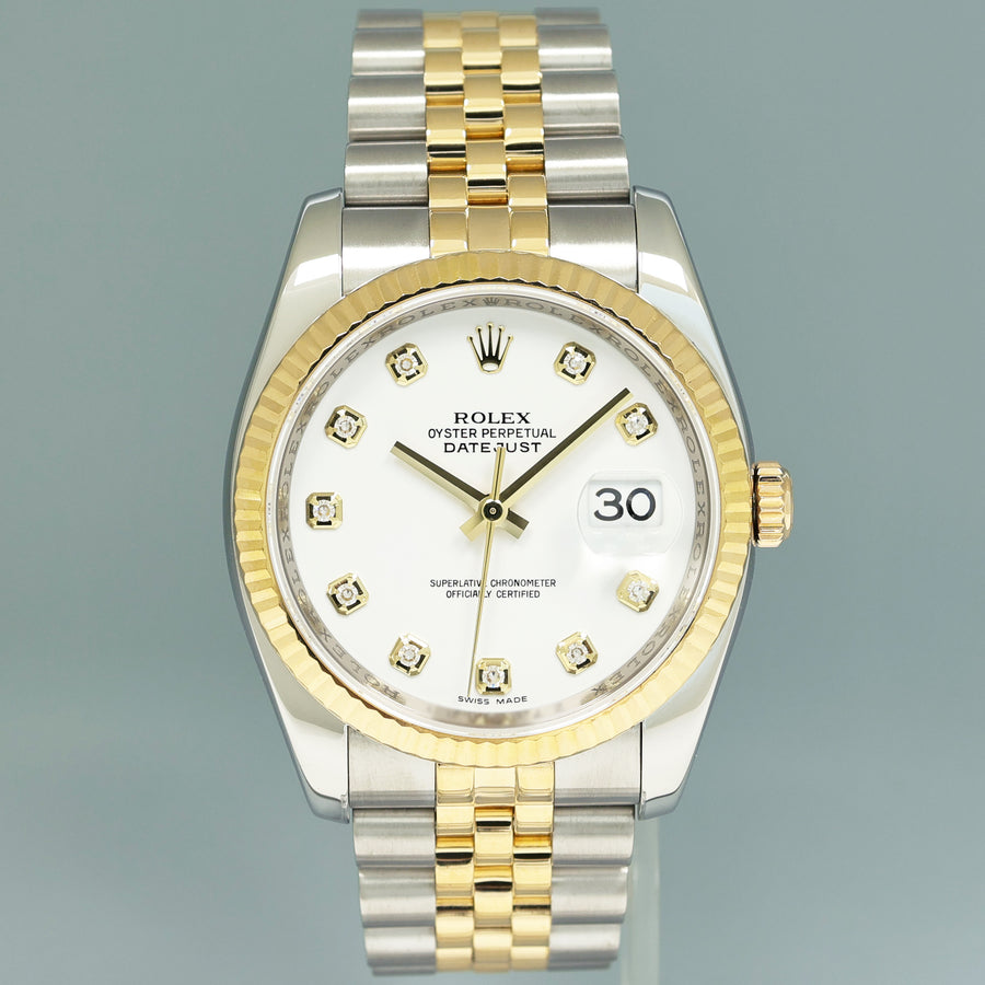 2014 MINT Rolex DateJust Jubilee Two Tone Gold 36mm 116233 White Diamond Watch