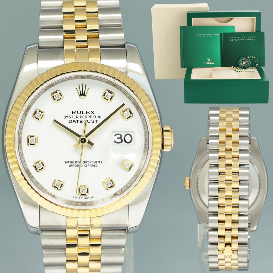 2014 MINT Rolex DateJust Jubilee Two Tone Gold 36mm 116233 White Diamond Watch
