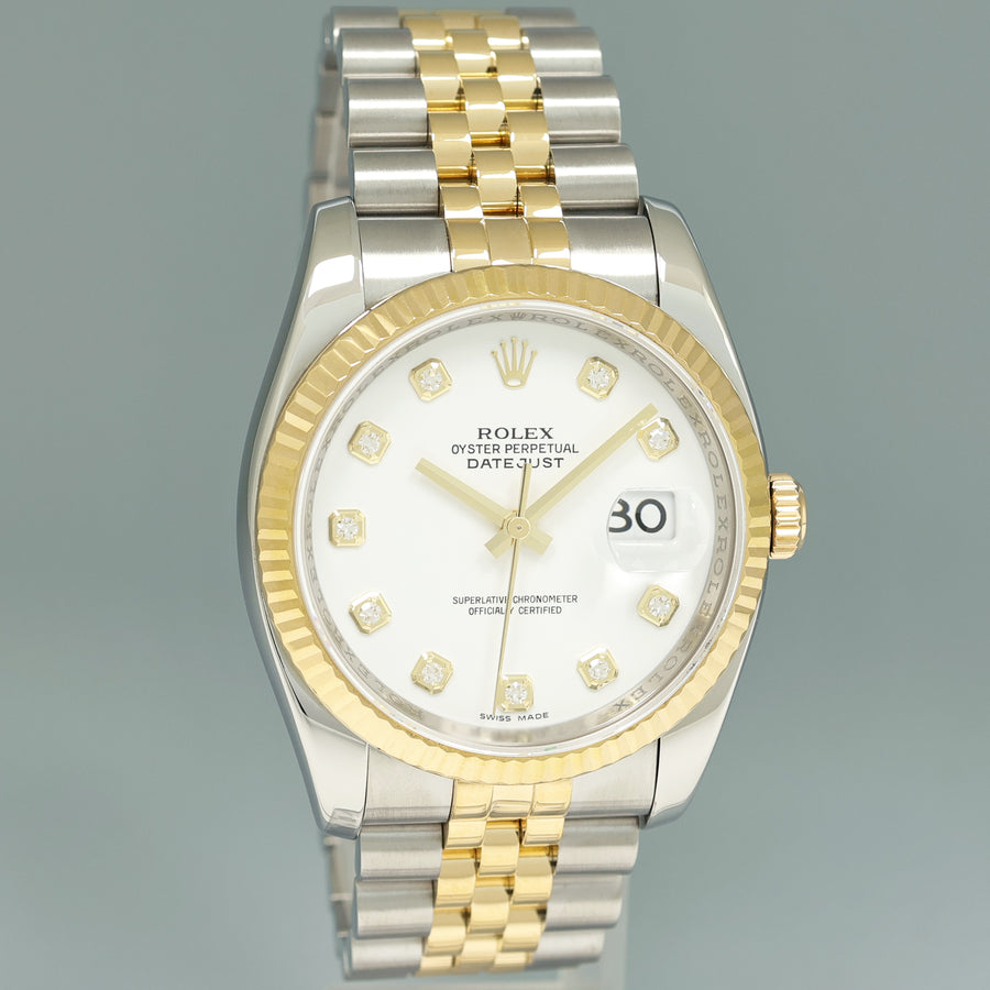 2014 MINT Rolex DateJust Jubilee Two Tone Gold 36mm 116233 White Diamond Watch