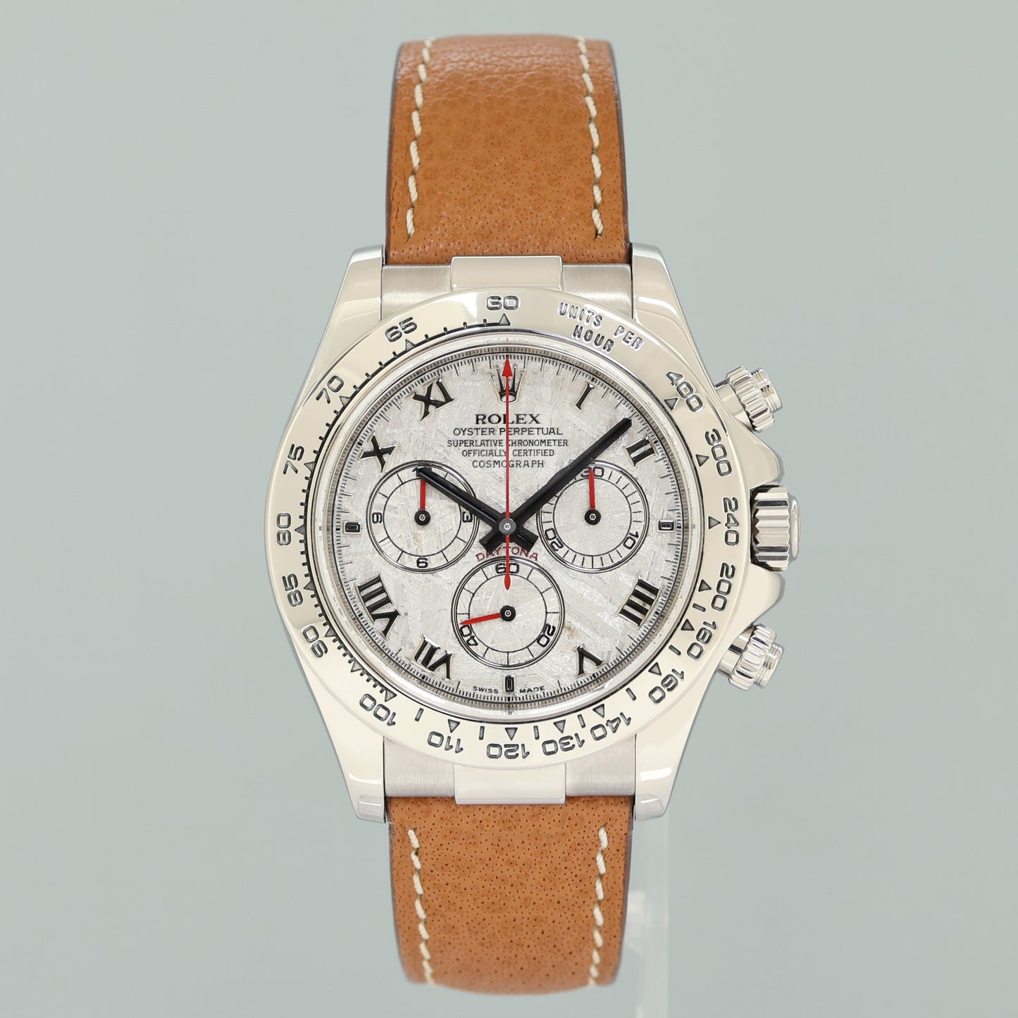 2006 MINT PAPERS Rolex Daytona White Gold 116519 Meteorite Roman Leather Watch