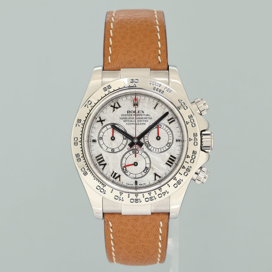 2006 MINT PAPERS Rolex Daytona White Gold 116519 Meteorite Roman Leather Watch