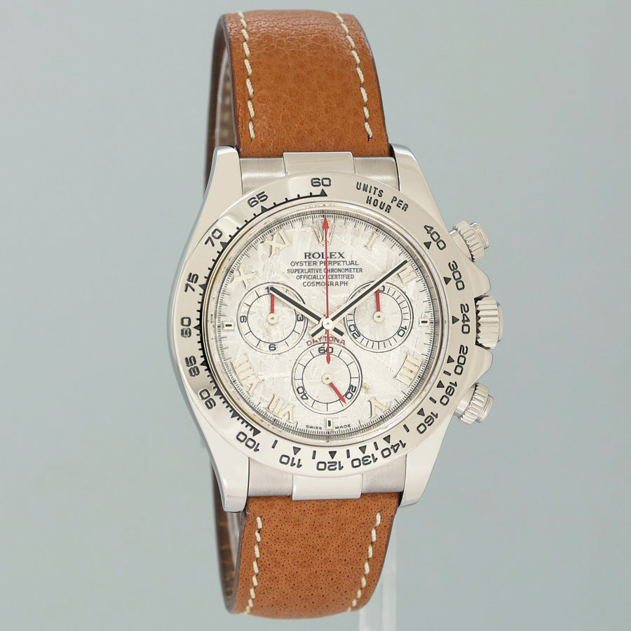 2006 MINT PAPERS Rolex Daytona White Gold 116519 Meteorite Roman Leather Watch