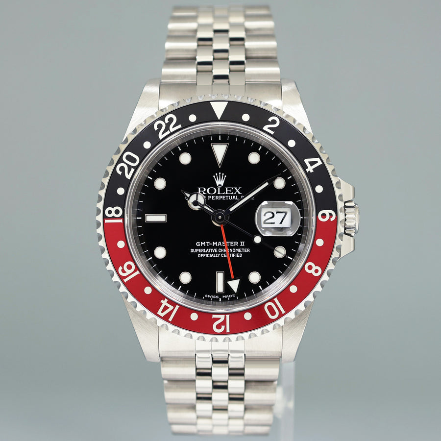 1999 MINT Rolex GMT-Master 2 Coke Red Black Jubilee 40mm Steel 16710 Watch Box