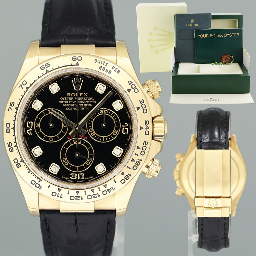 2008 MINT Rolex Daytona Cosmograph 116518 Black Diamond Yellow Gold Leather Watch