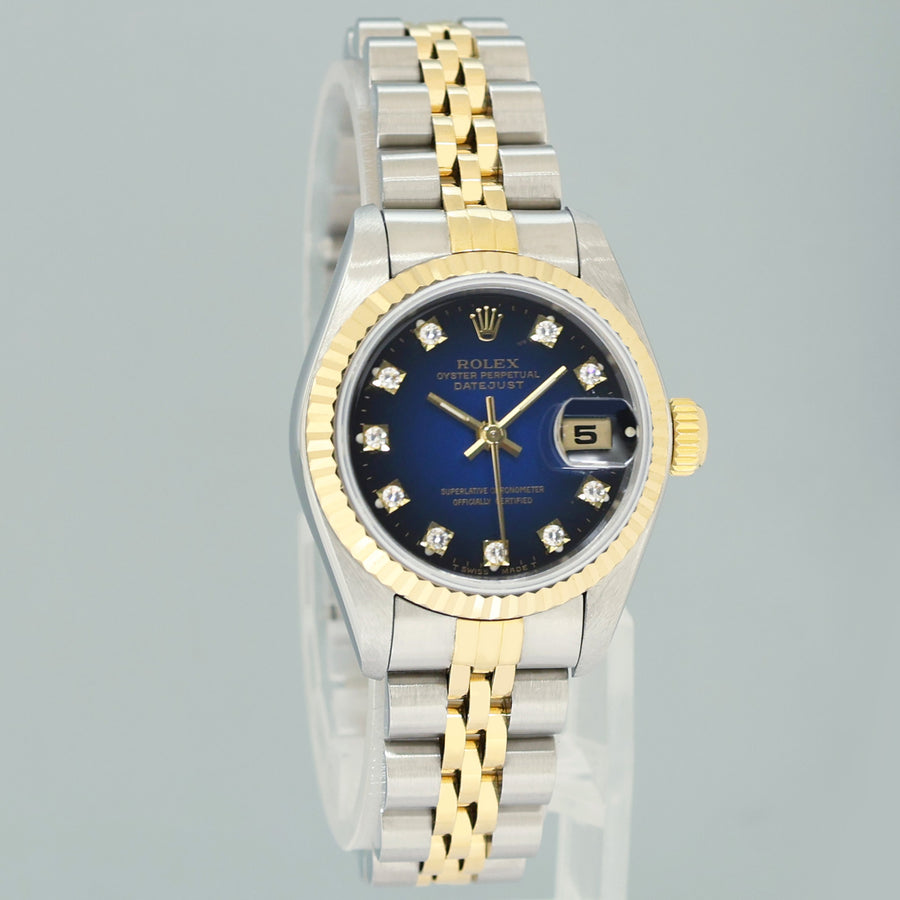 Diamond Ladies Rolex DateJust 26mm 69173 Two Tone Gold Jubilee Blue Vignette Watch