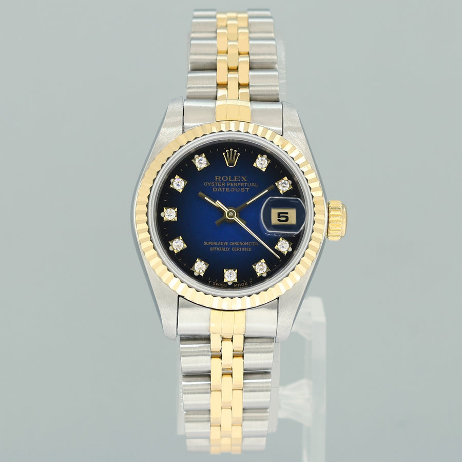 Diamond Ladies Rolex DateJust 26mm 69173 Two Tone Gold Jubilee Blue Vignette Watch
