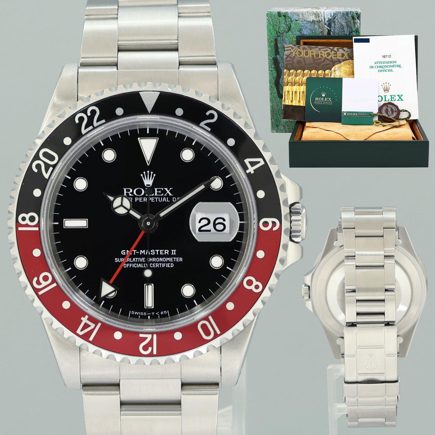 PAPERS 2025 RSC Service Rolex GMT-Master II Coke Red Black Steel 16710 40mm Watch