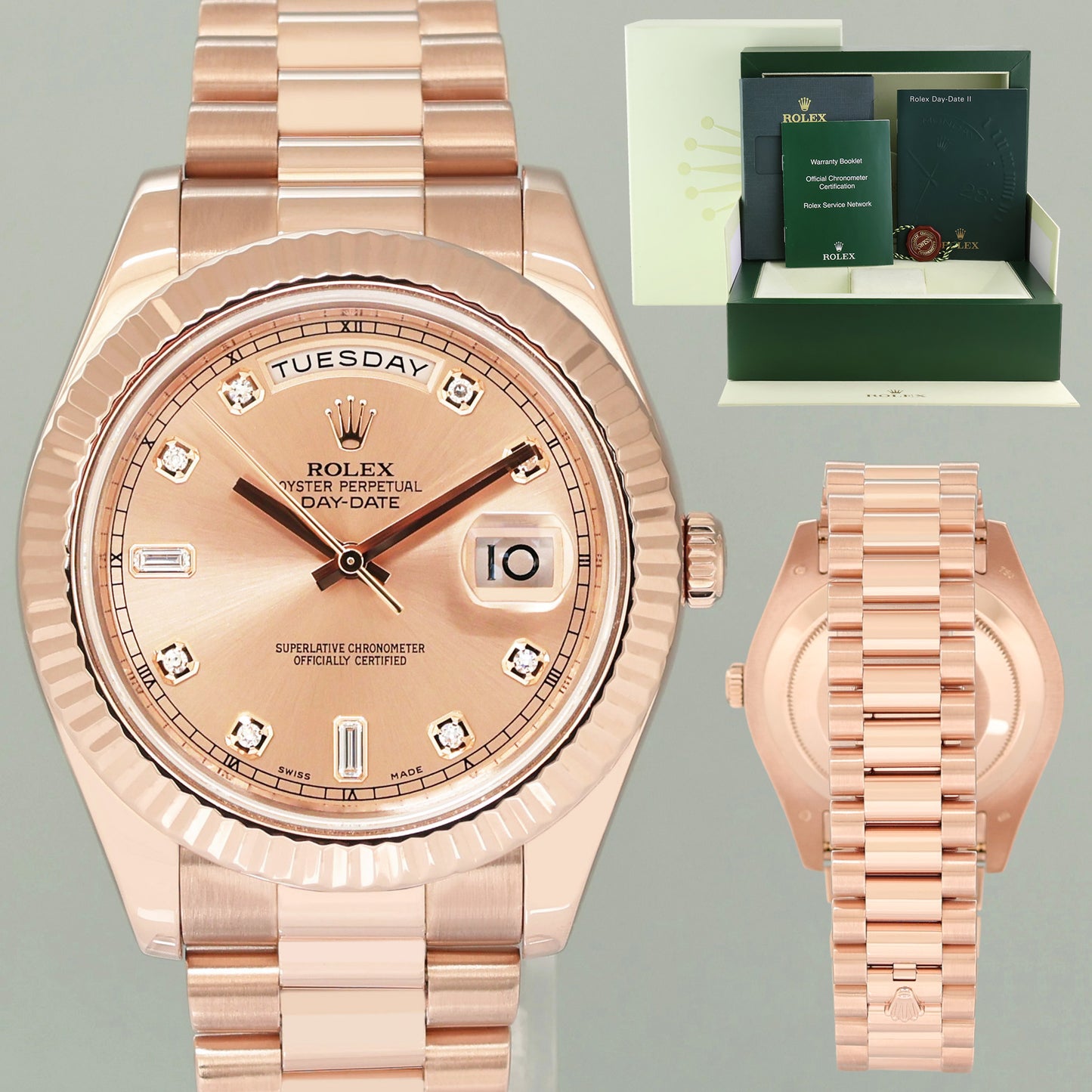 MINT Rolex Day Date II President Rose Gold Black Stick 41mm 218235 Watch Box