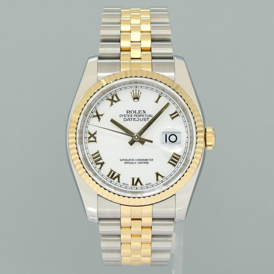 2009 MINT Rolex DateJust Jubilee Two Tone 36mm 116233Yellow Gold White Roman Watch