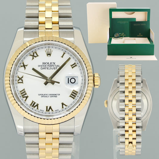 2009 MINT Rolex DateJust Jubilee Two Tone 36mm 116233Yellow Gold White Roman Watch