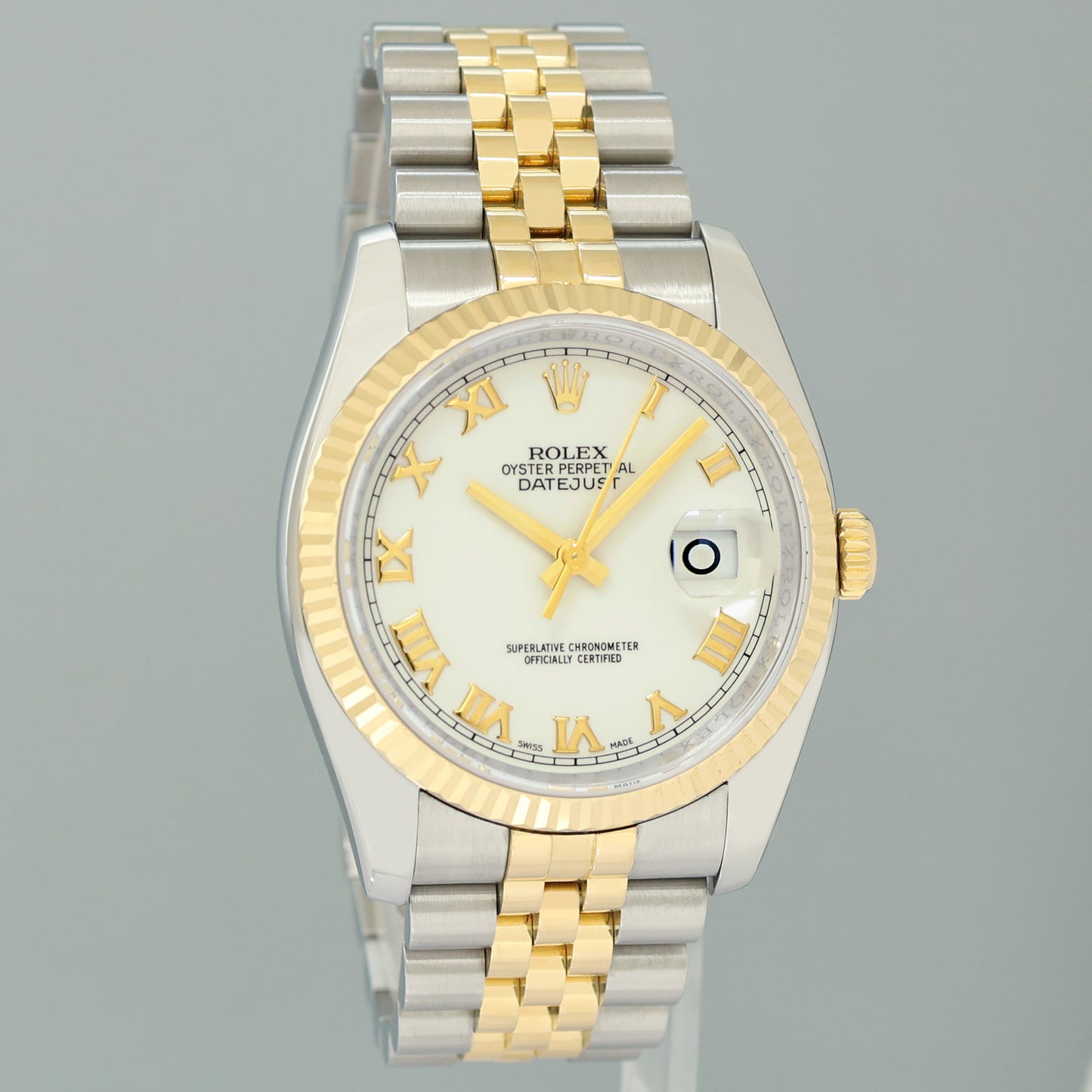 2009 MINT Rolex DateJust Jubilee Two Tone 36mm 116233Yellow Gold White Roman Watch