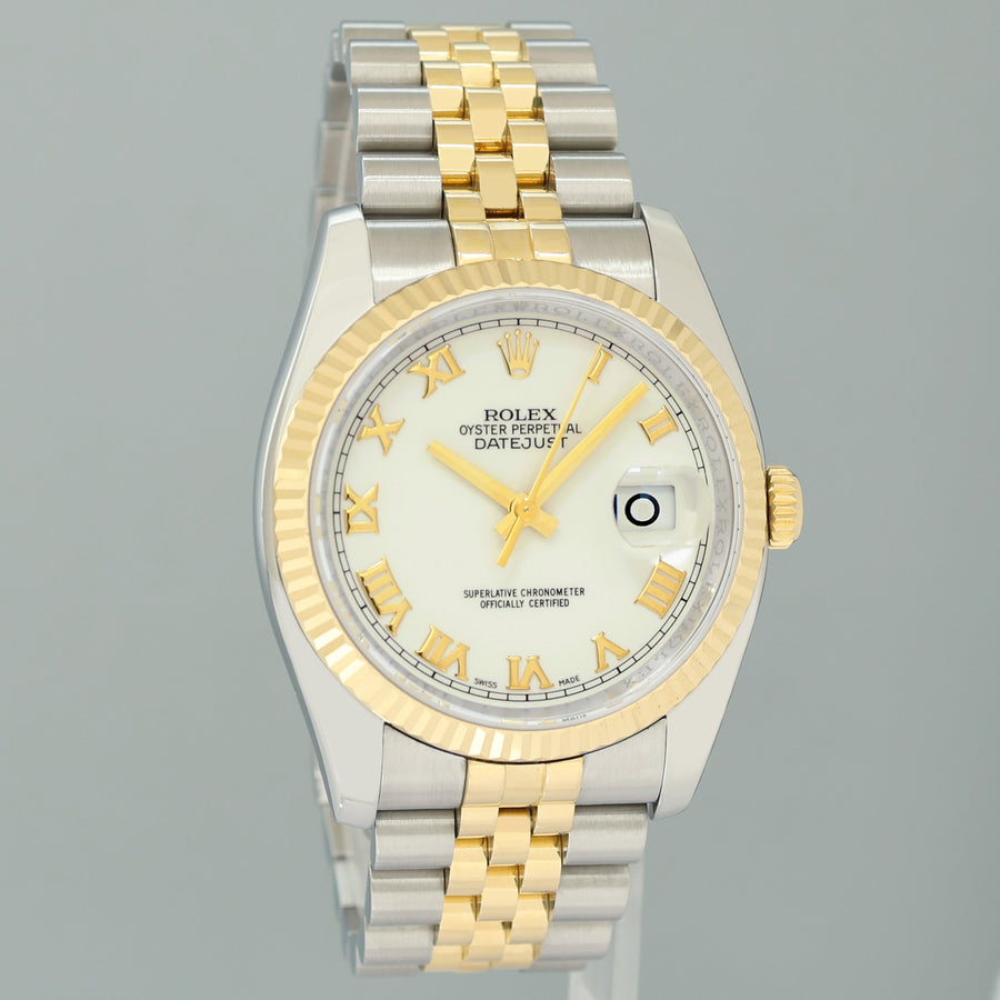 2009 MINT Rolex DateJust Jubilee Two Tone 36mm 116233Yellow Gold White Roman Watch