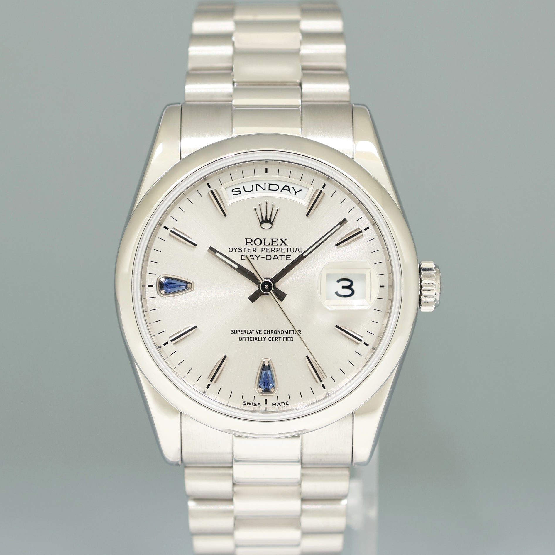 MINT Rolex Platinum Day Date President 118206 Teardrop Sapphire 36mm Watch Box