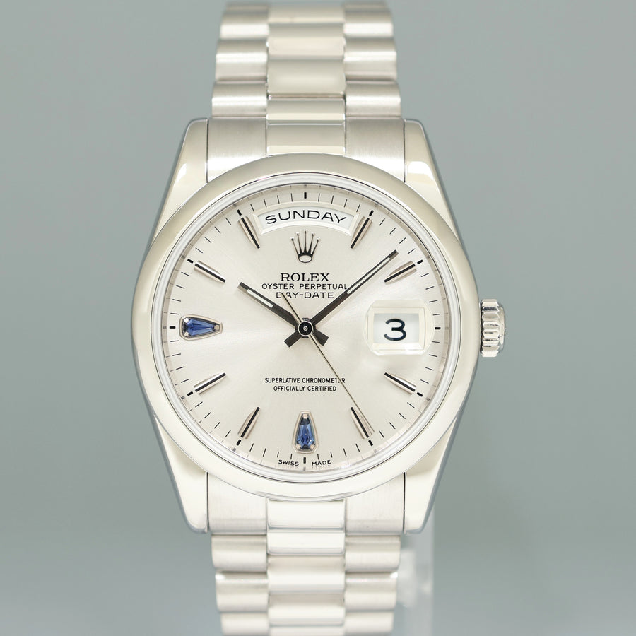 MINT Rolex Platinum Day Date President 118206 Teardrop Sapphire 36mm Watch Box
