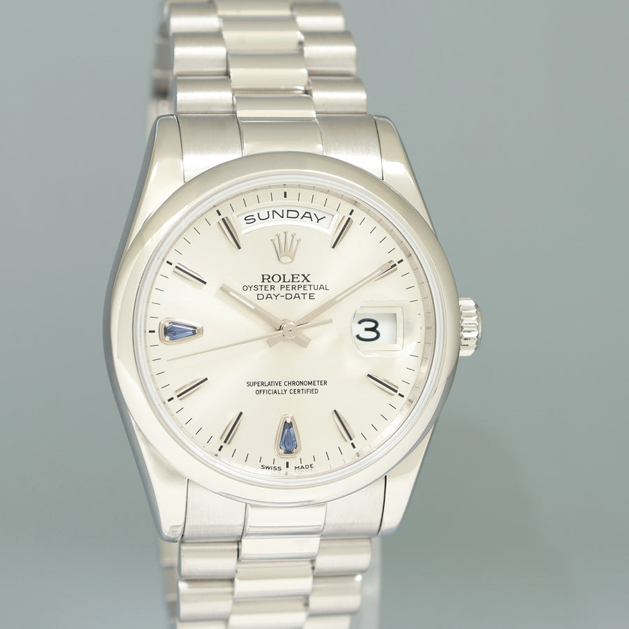 MINT Rolex Platinum Day Date President 118206 Teardrop Sapphire 36mm Watch Box