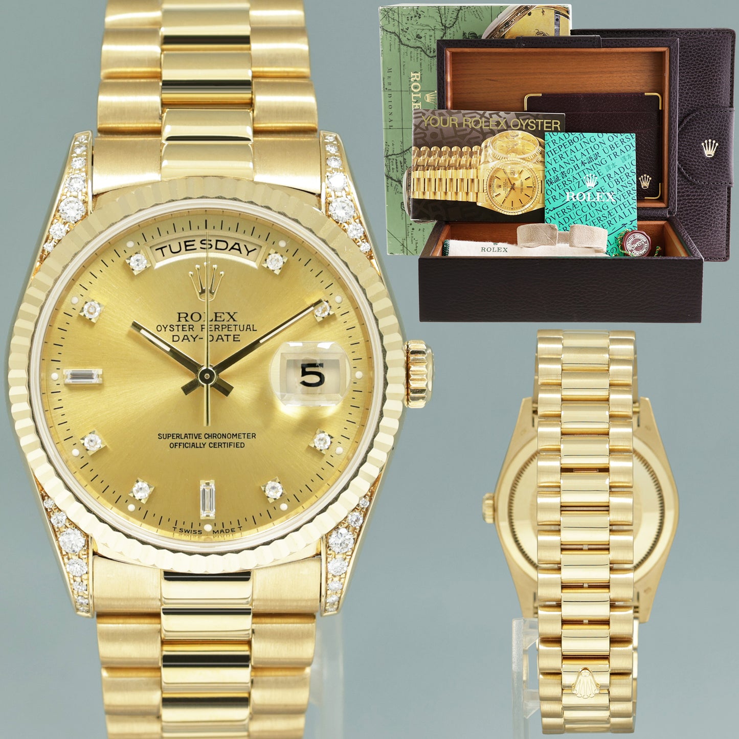 1995 Rolex President 18338 Champagne Diamond Lugs Double Quick Gold Watch Box