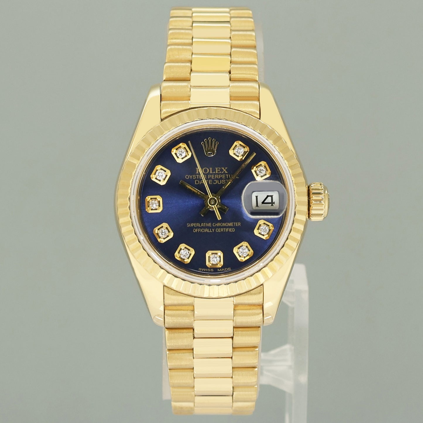 MINT Blue Diamond Ladies Rolex DateJust 69178 President 26mm 18k Yellow Gold Watch