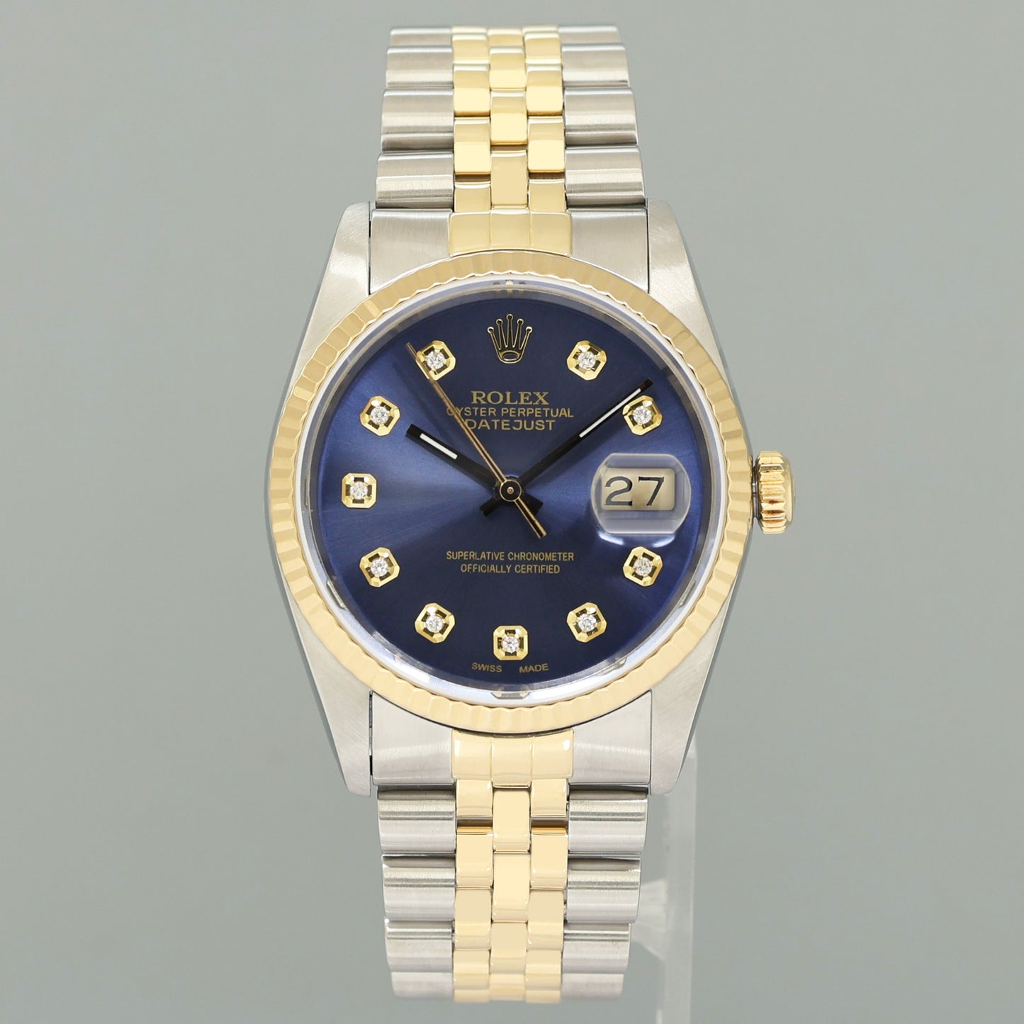 MINT Rolex DateJust 16233 Two Tone Yellow Gold Jubilee Blue Diamond Watch Box