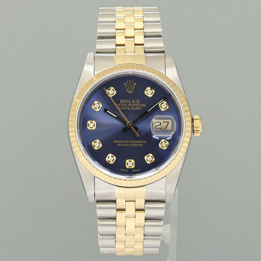 MINT Rolex DateJust 16233 Two Tone Yellow Gold Jubilee Blue Diamond Watch Box