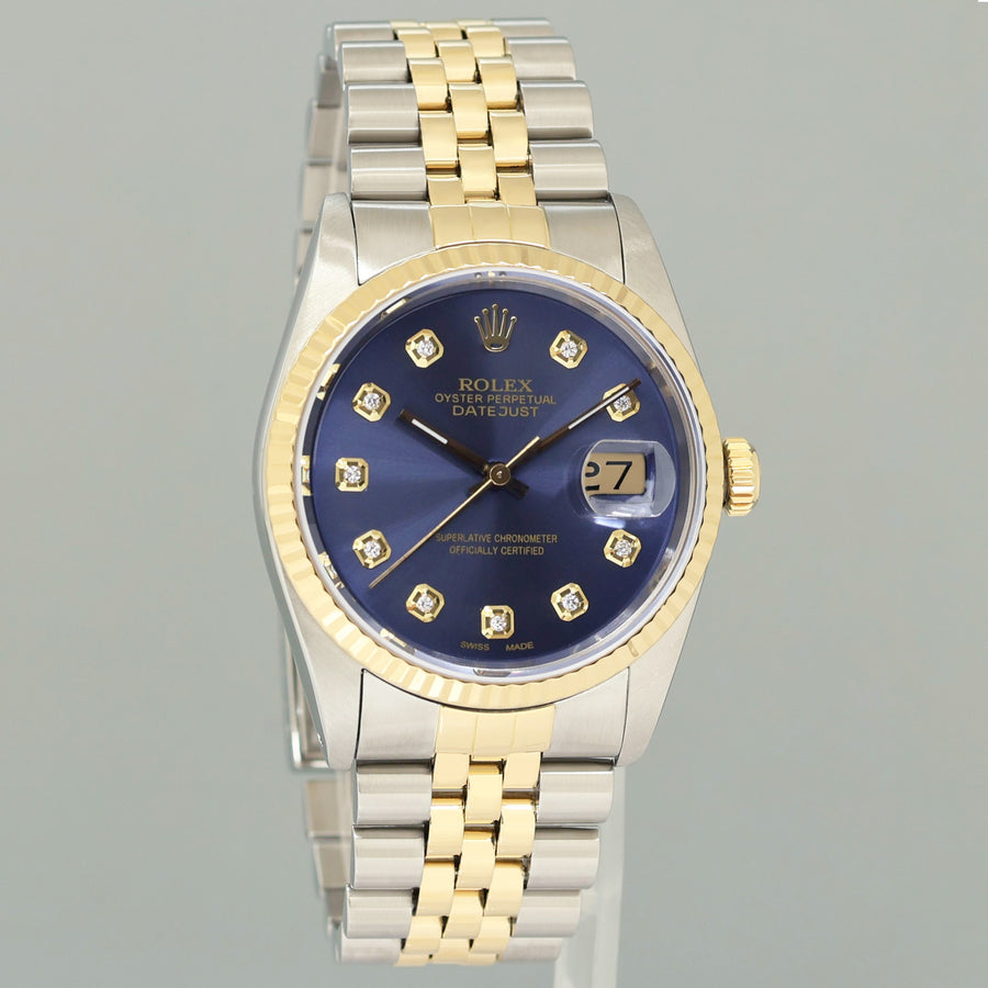 MINT Rolex DateJust 16233 Two Tone Yellow Gold Jubilee Blue Diamond Watch Box