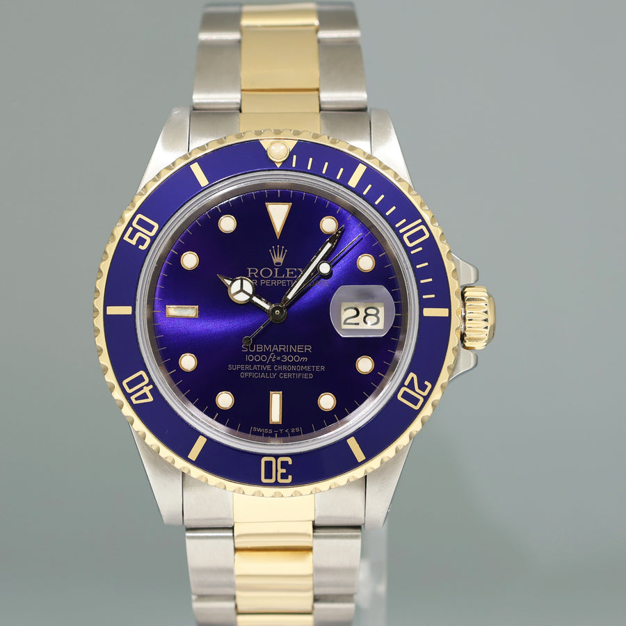 Rolex Submariner Date 16803 Two-Tone Yellow Gold Steel Blue Purple Dial 40mm Watch Box
