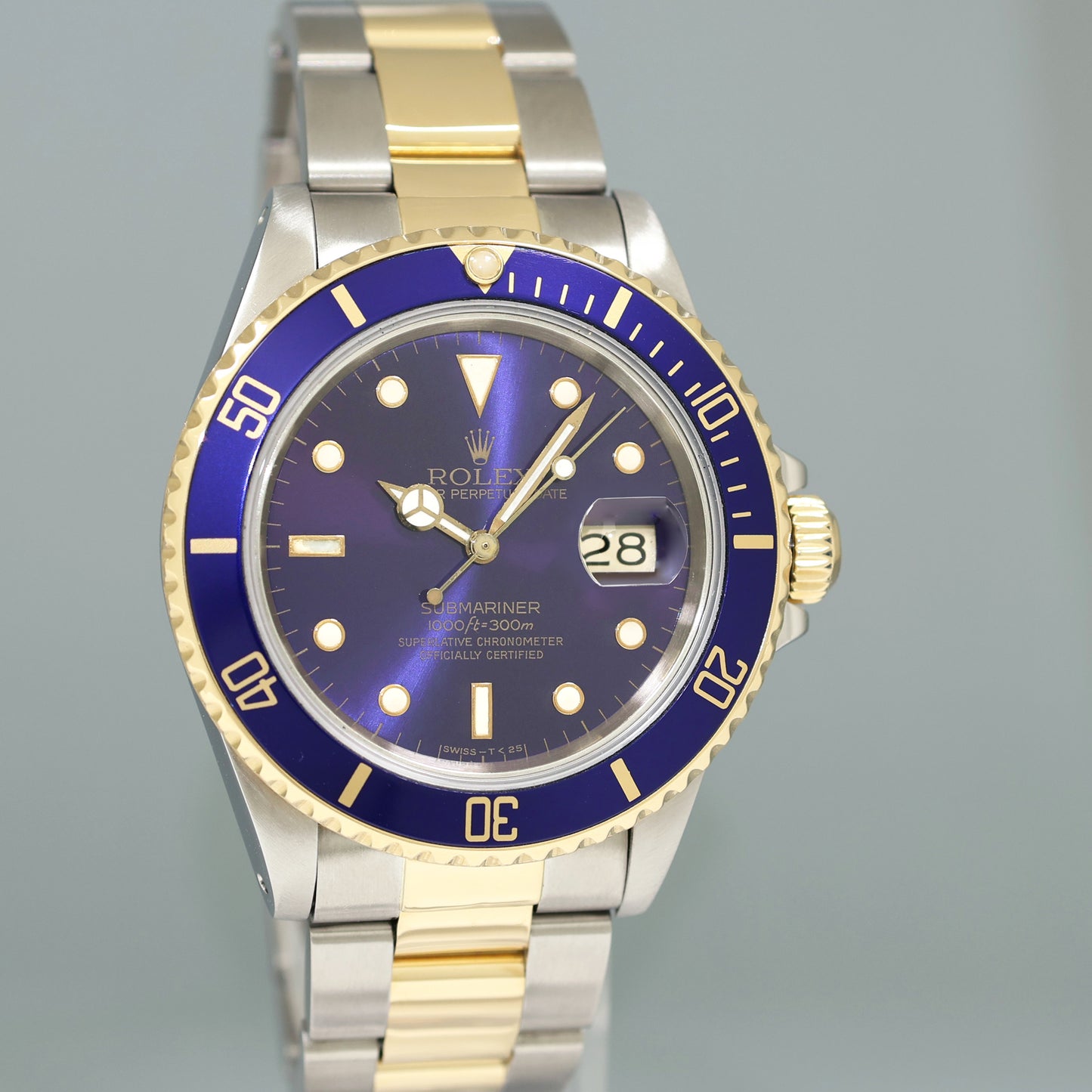 Rolex Submariner Date 16803 Two-Tone Yellow Gold Steel Blue Purple Dial 40mm Watch Box