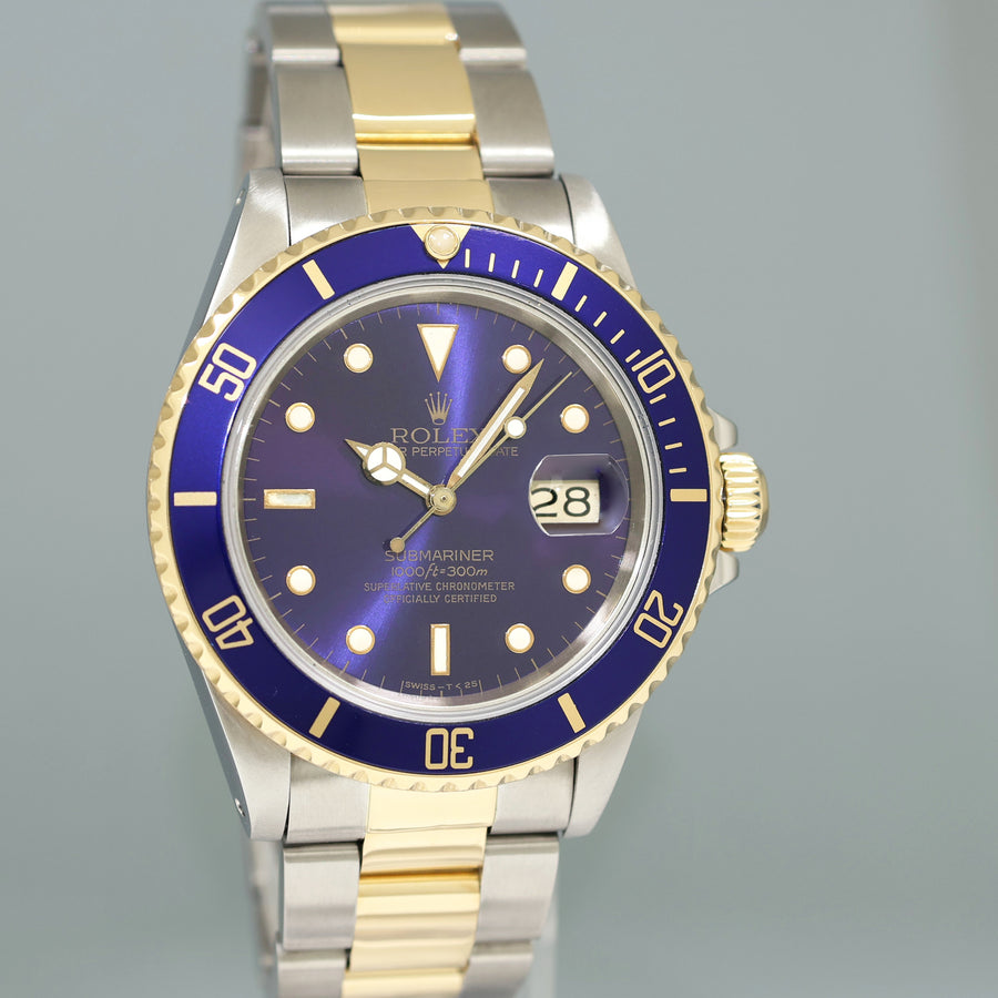 Rolex Submariner Date 16803 Two-Tone Yellow Gold Steel Blue Purple Dial 40mm Watch Box