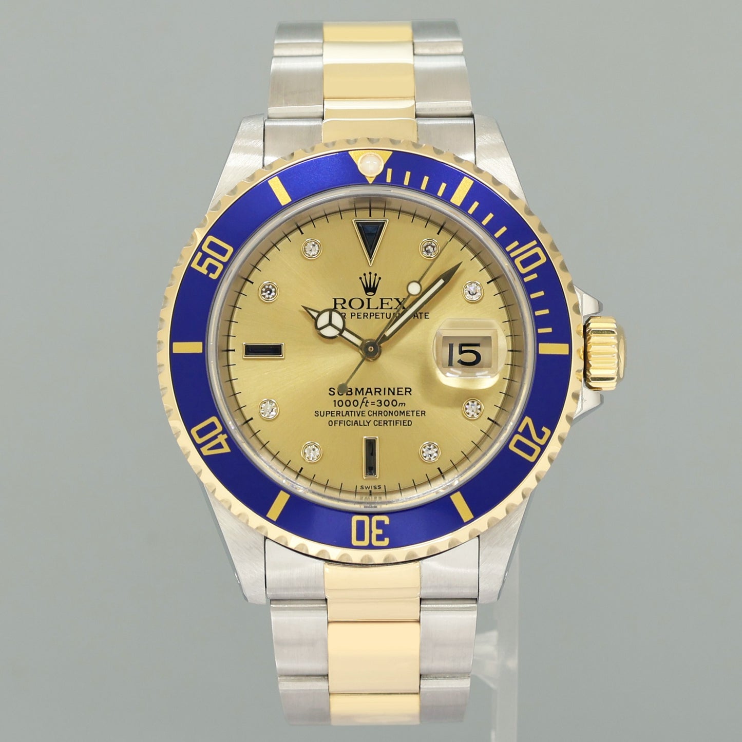 MINT Rolex Submariner 16613LB Two Tone Gold Champage Serti Diamond Watch Box