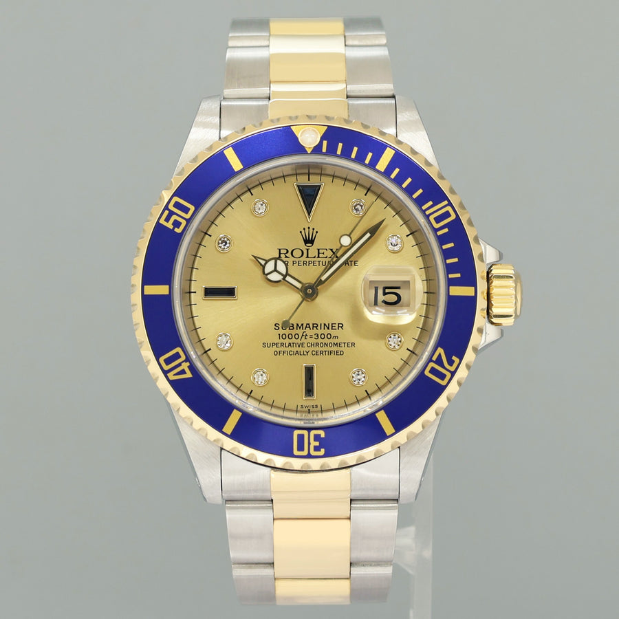 MINT Rolex Submariner 16613LB Two Tone Gold Champage Serti Diamond Watch Box