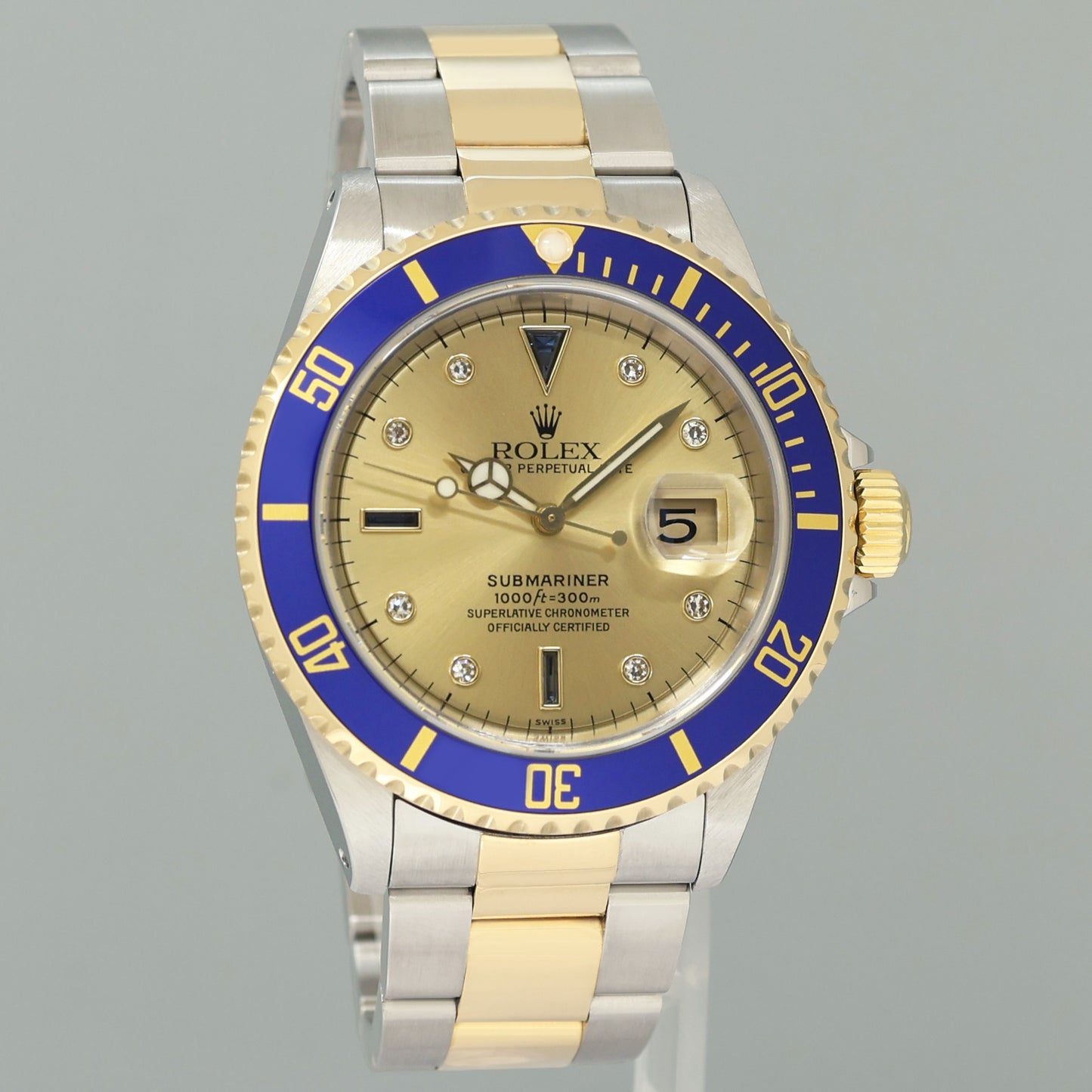 MINT Rolex Submariner 16613LB Two Tone Gold Champage Serti Diamond Watch Box