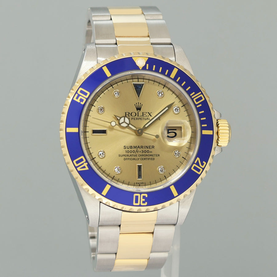 MINT Rolex Submariner 16613LB Two Tone Gold Champage Serti Diamond Watch Box