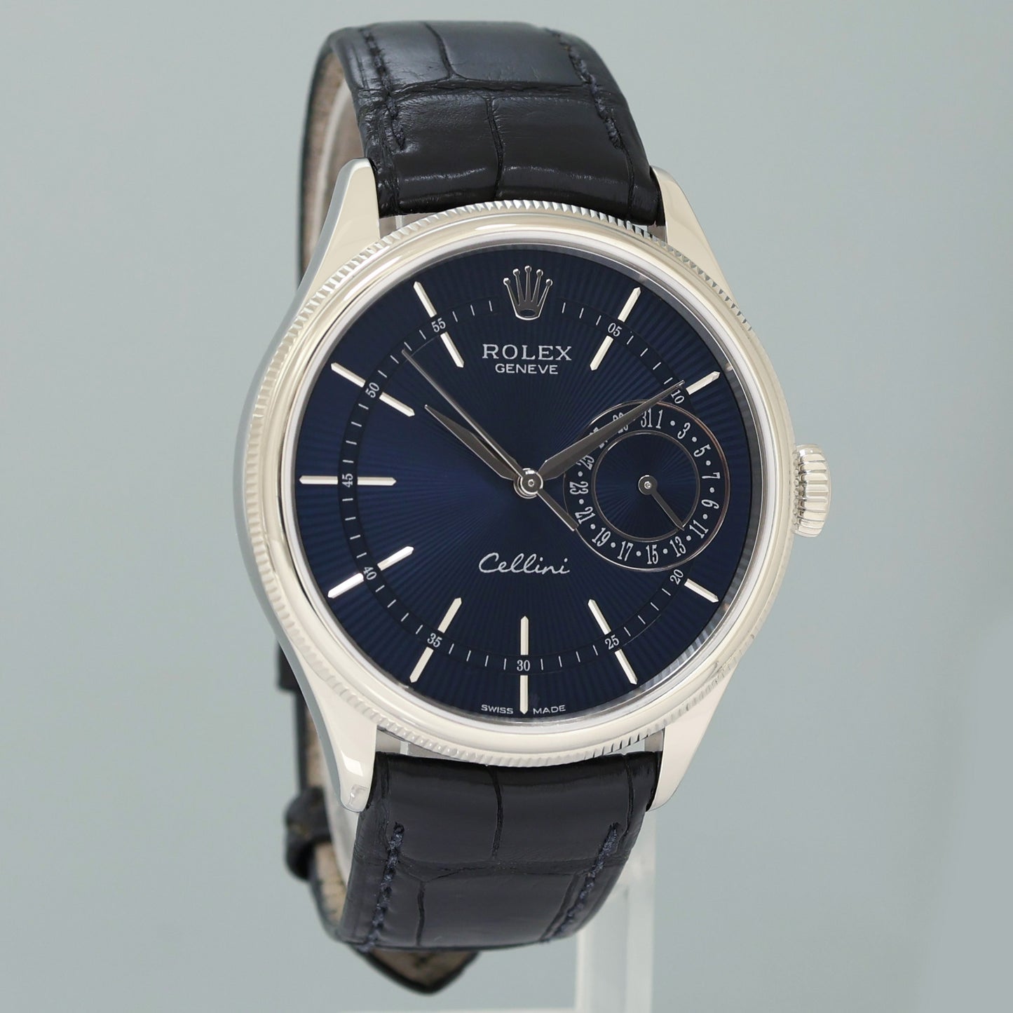 MINT Rolex Cellini Date Blue Dial White Gold 39mm Leather Automatic 50519 Watch Box