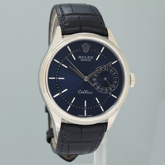 MINT Rolex Cellini Date Blue Dial White Gold 39mm Leather Automatic 50519 Watch Box