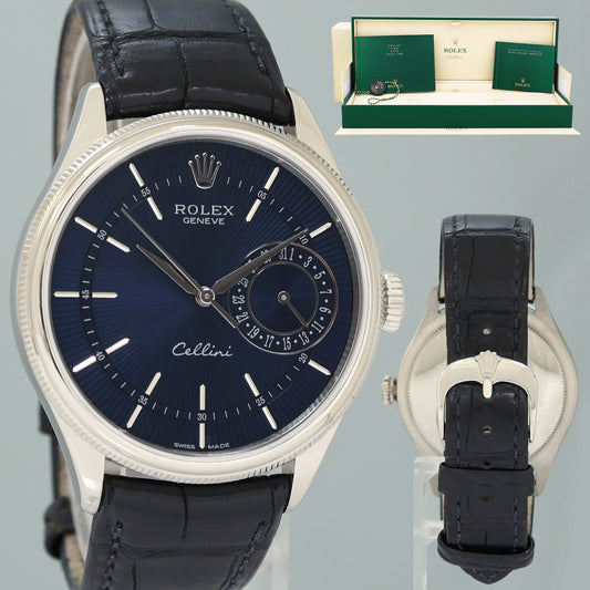 MINT Rolex Cellini Date Blue Dial White Gold 39mm Leather Automatic 50519 Watch Box