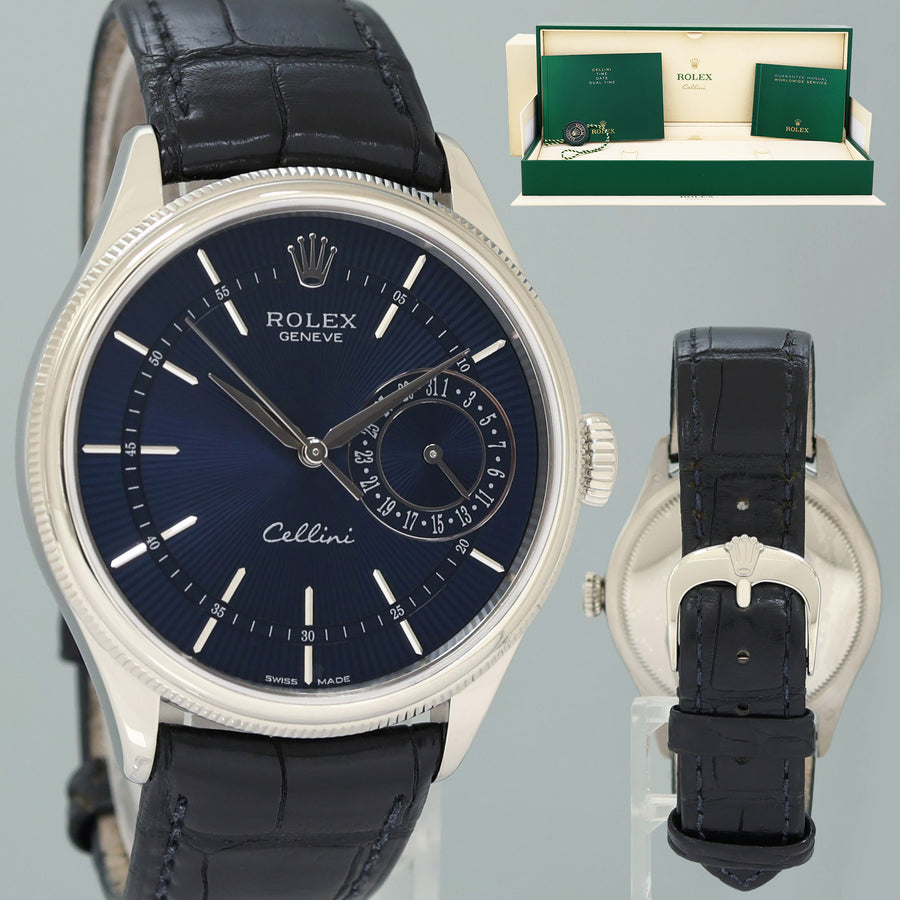 MINT Rolex Cellini Date Blue Dial White Gold 39mm Leather Automatic 50519 Watch Box