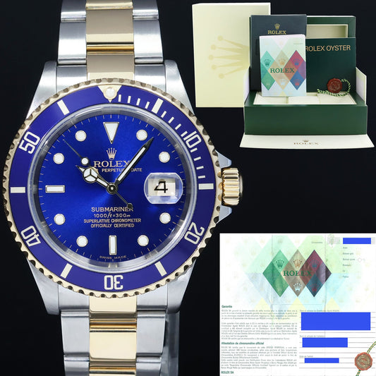 MINT 2006 PAPERS Rolex Submariner 16613 Gold Steel Two Tone Sunburst Blue Watch