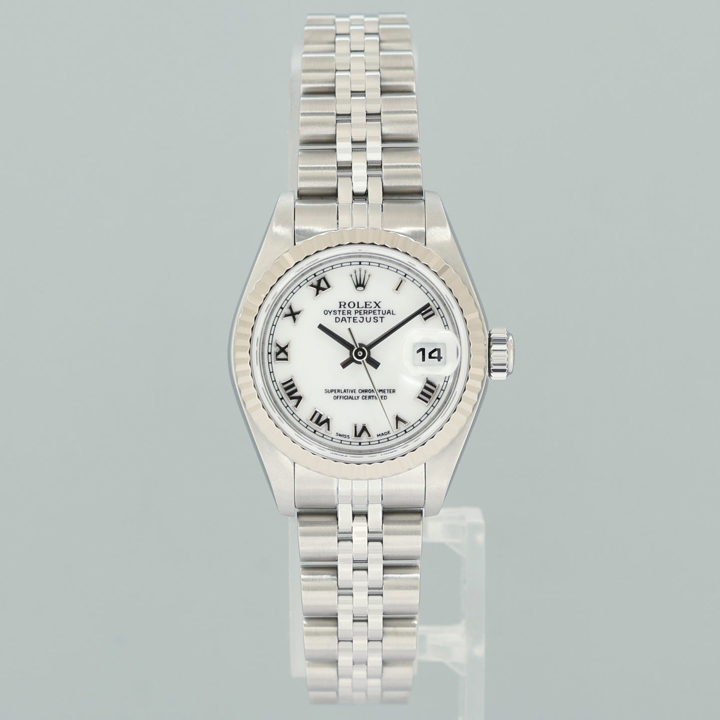 PAPERS Ladies Rolex 79174 DateJust 26mm White Roman Steel Jubilee Watch Box