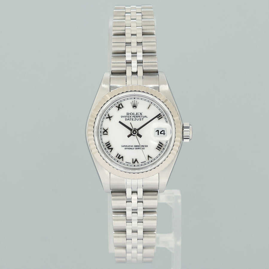 PAPERS Ladies Rolex 79174 DateJust 26mm White Roman Steel Jubilee Watch Box