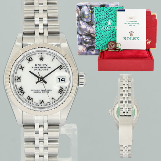 PAPERS Ladies Rolex 79174 DateJust 26mm White Roman Steel Jubilee Watch Box