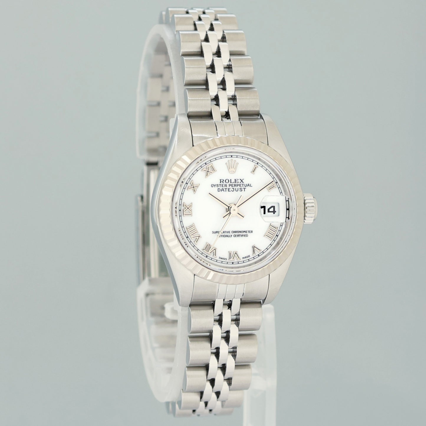 PAPERS Ladies Rolex 79174 DateJust 26mm White Roman Steel Jubilee Watch Box