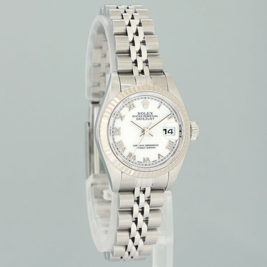 PAPERS Ladies Rolex 79174 DateJust 26mm White Roman Steel Jubilee Watch Box